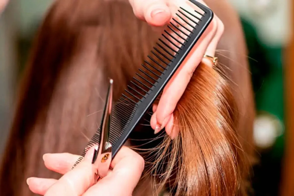 Tijeras profesionales cortando cabello castaño con precisión para servicios de corte unisex